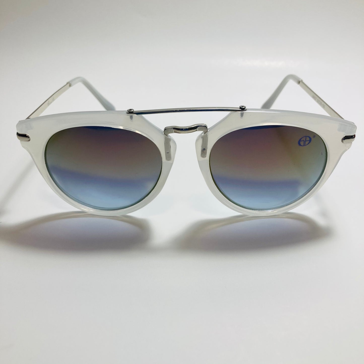 mens and womens silver clear and gray round sunglasses with crossbar