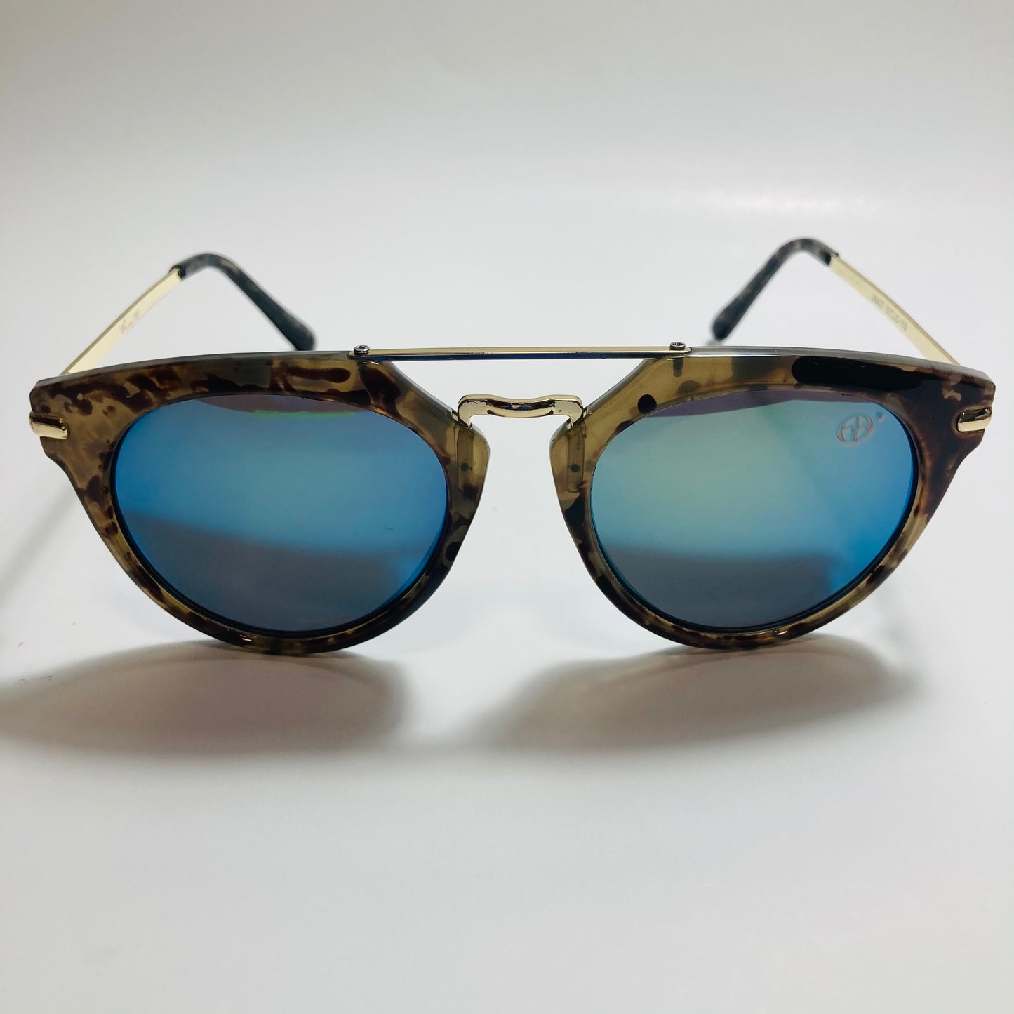 mens and womens green blue and gold mirrored round sunglasses with crossbar