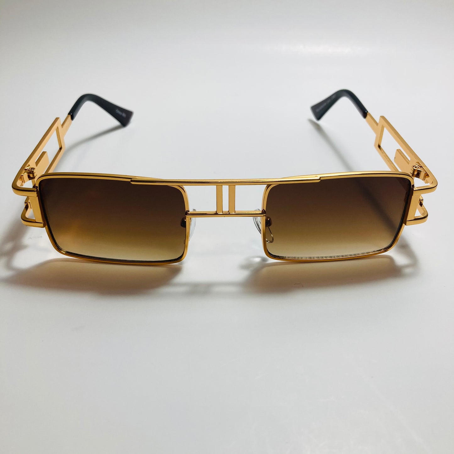 mens and womens brown and gold square sunglasses