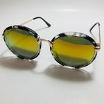 womens white black and yellow mirrored round sunglasses