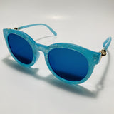 womens blue round sunglasses with mirrored blue lenses