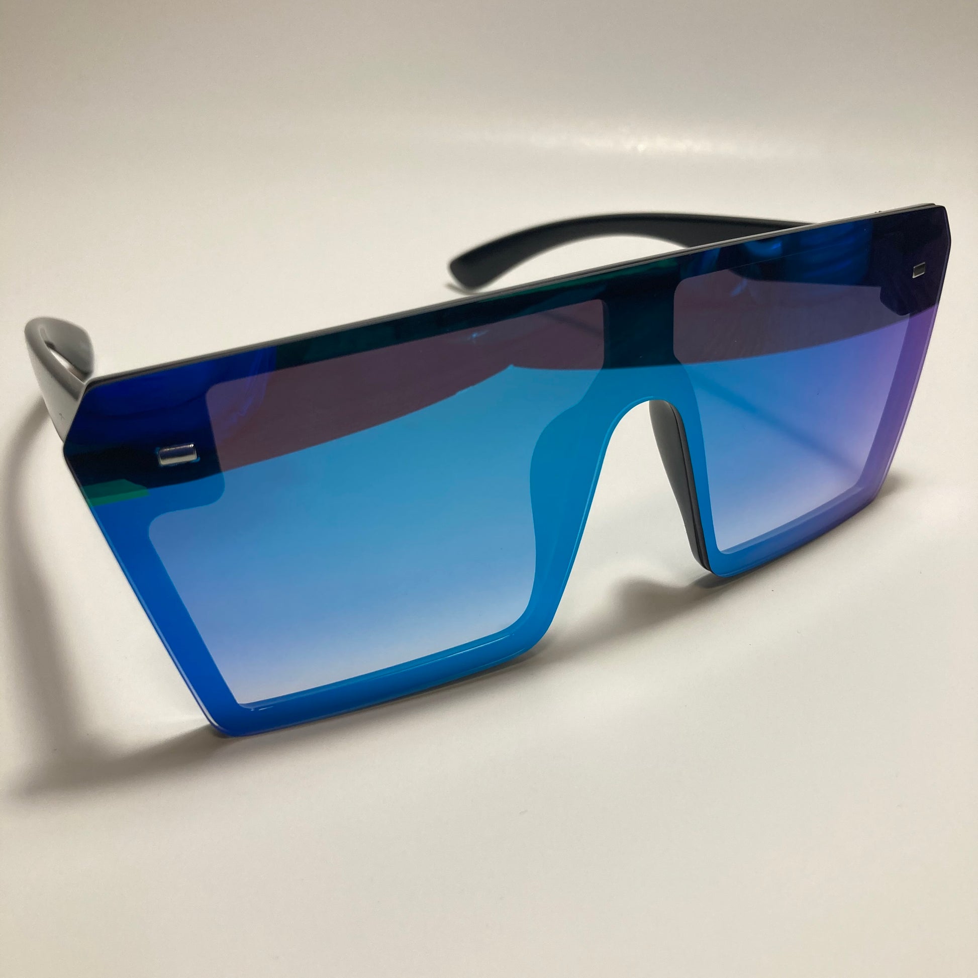 womens black and blue mirrored shield sunglasses