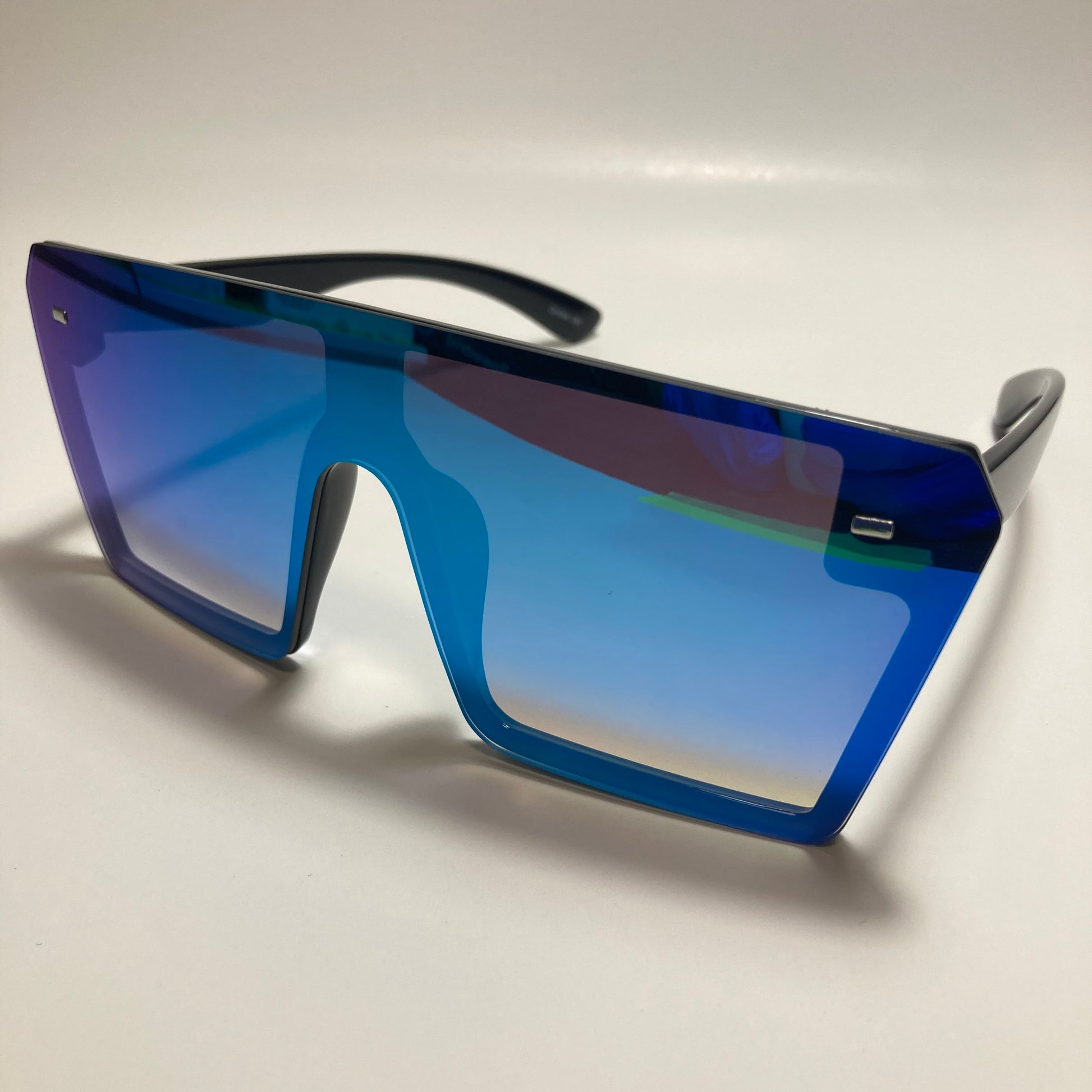 womens black and blue mirrored shield sunglasses