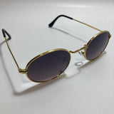 mens and womens small gold round sunglasses with black lenses 