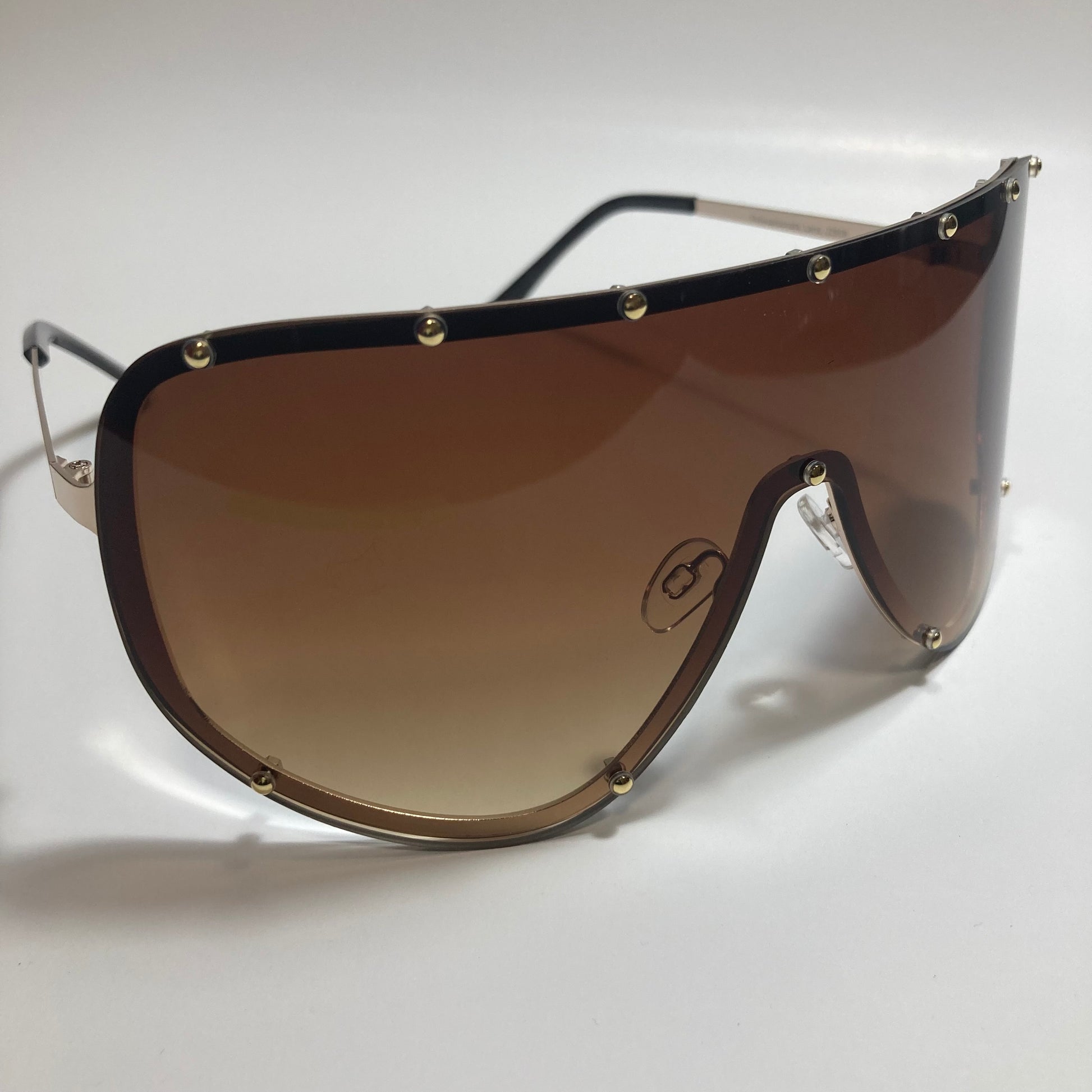 womens brown and gold oversize shield sunglasses