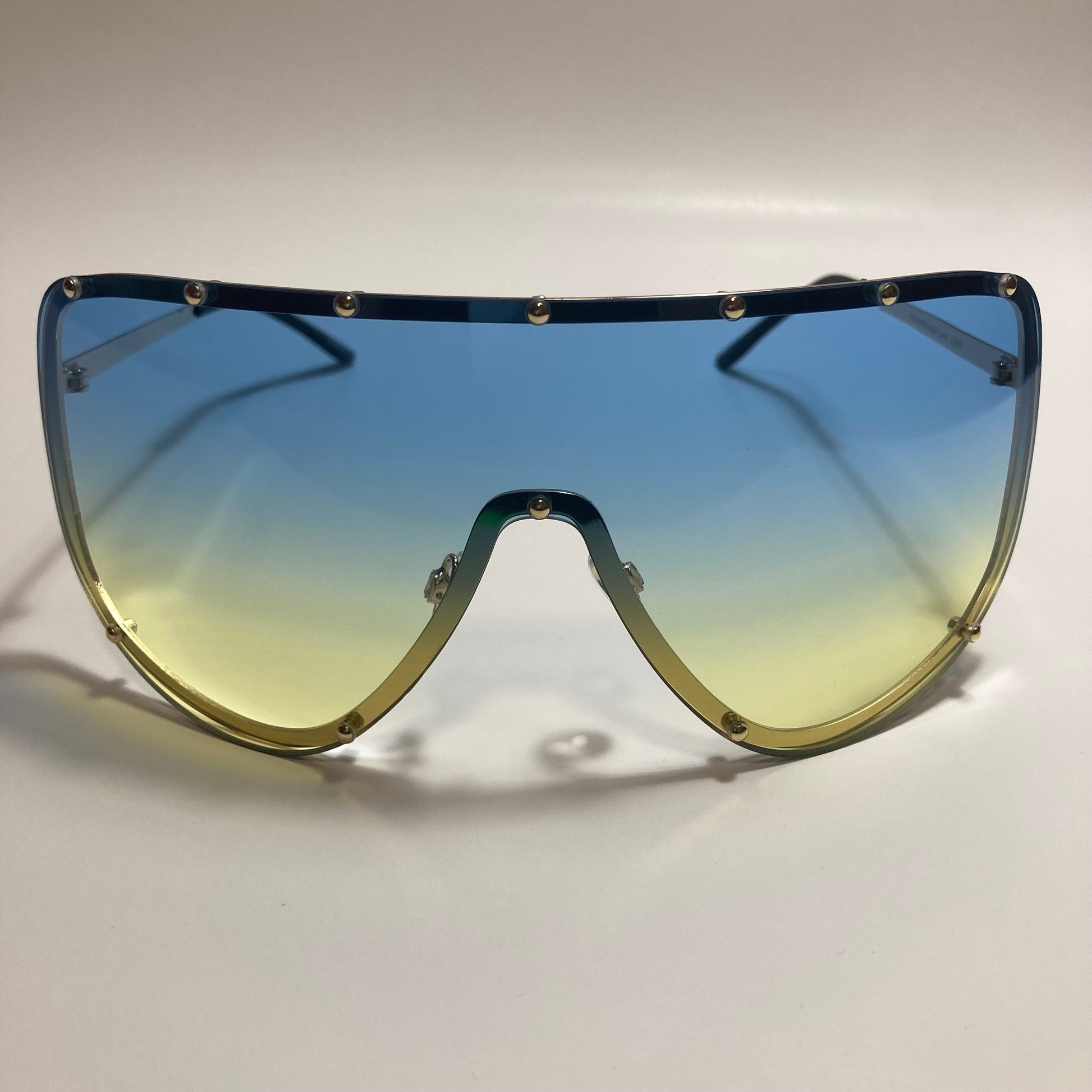 womens yellow blue and gold oversize shield sunglasses