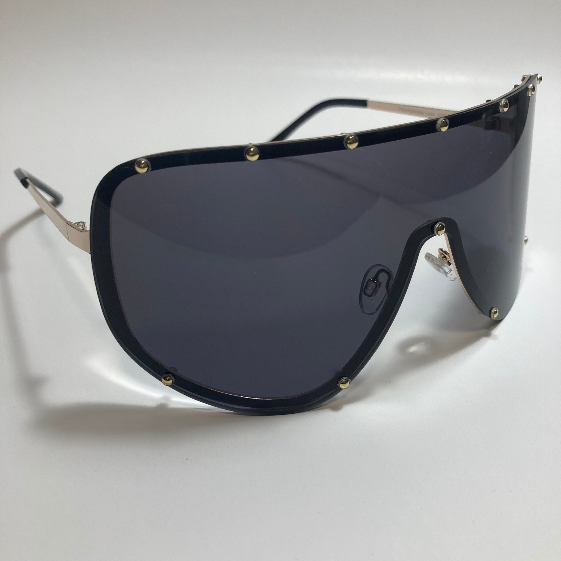 womens black and gold oversize shield sunglasses