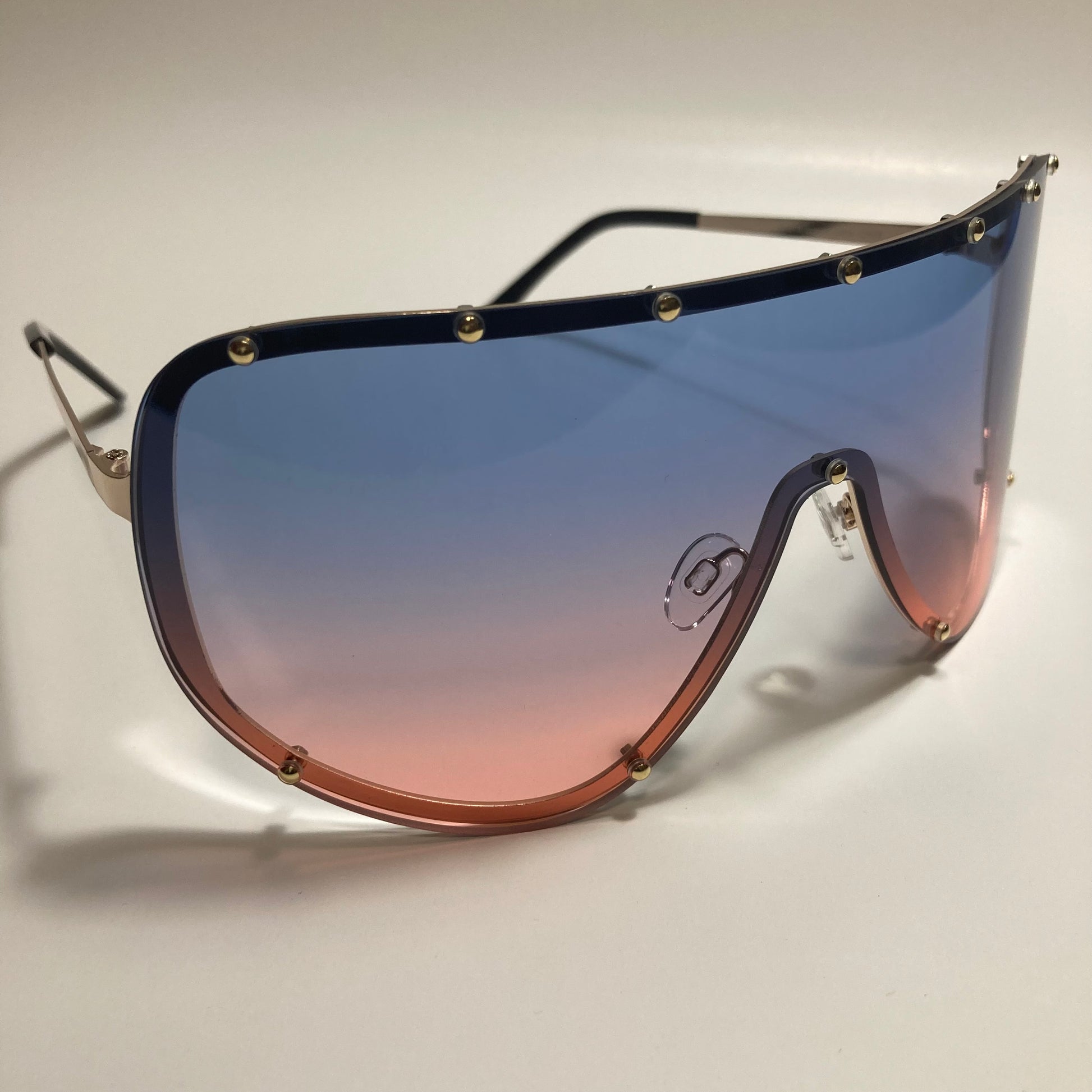 womens pink blue and gold oversize shield sunglasses