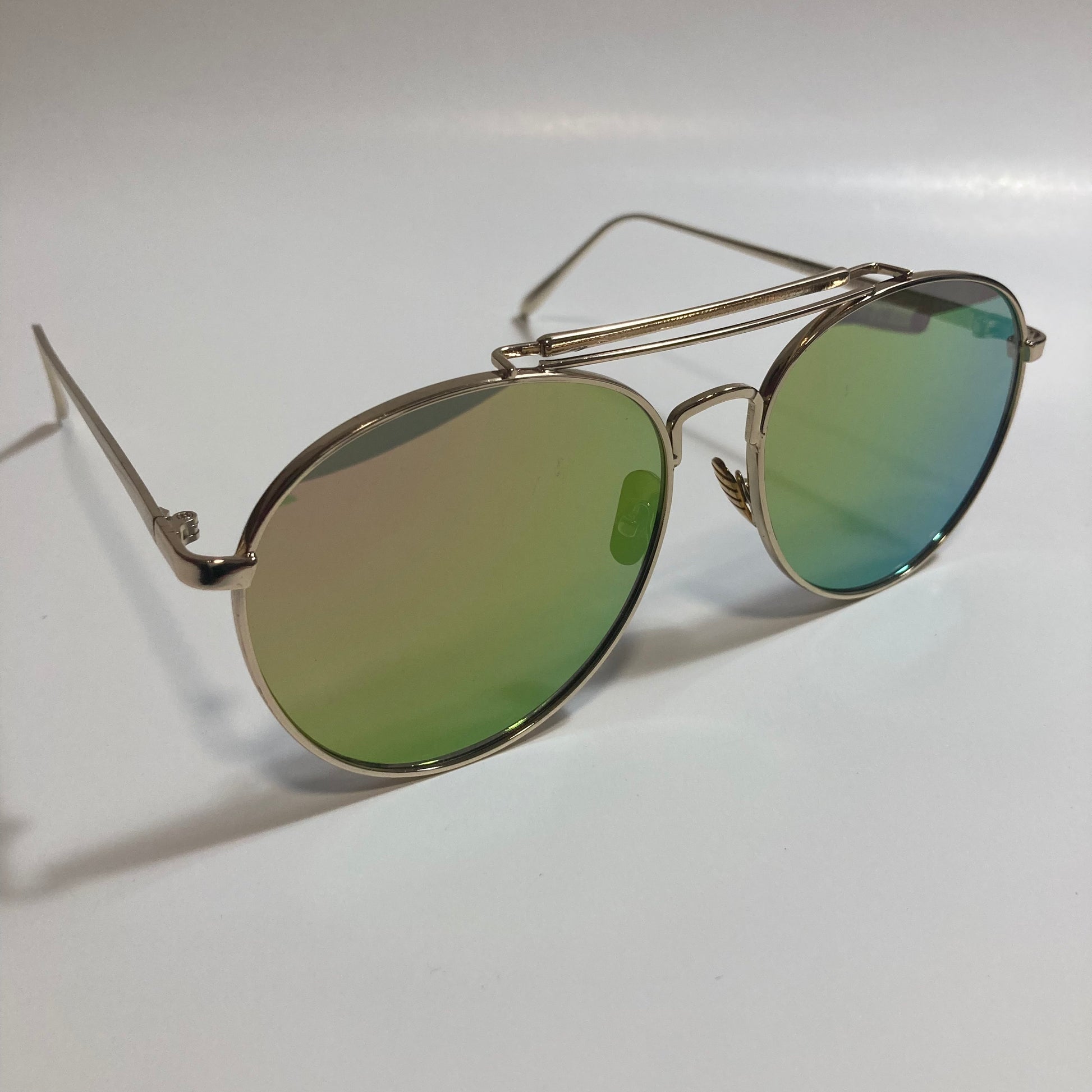 mens and womens gold and green mirrored aviator sunglasses