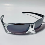 womens and mens silver wrap around sunglasses with black lenses